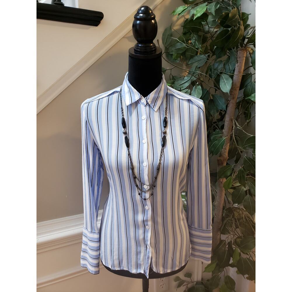 Mango Button Down Shirt Women's 2XS Blue White‎ Striped Long Sleeve Collared